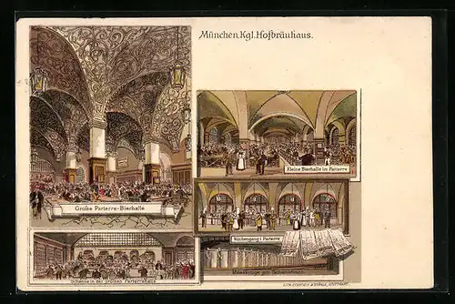 Lithographie München, Klg. Münchner Hofbräuhaus, kleine Bierhalle im Parterre