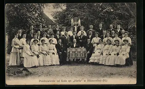 AK Pozdrowienie od Kla sp: Harfa w Blumenthal, Gruppenfoto Harfa