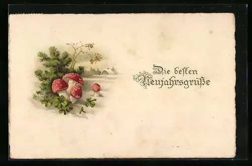 Lithographie Die besten Neujahrsgrüsse, Pilze und Klee