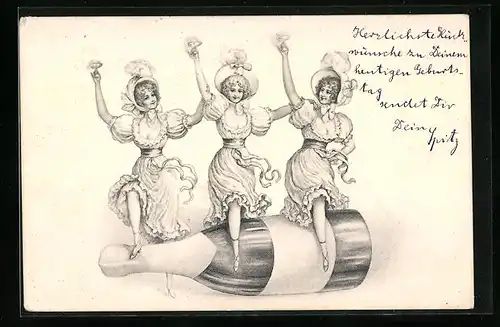 AK Drei Damen tanzen auf Champagnerflasche