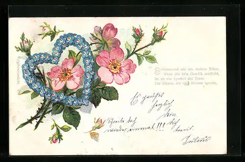 Lithographie Blumenbild, Herz aus Veilchen, Rosen