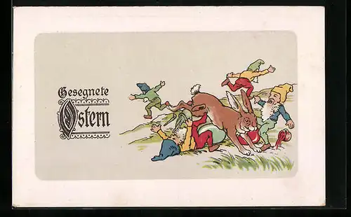 Präge-AK Osterhase springt über Zwerge, Ostergruss