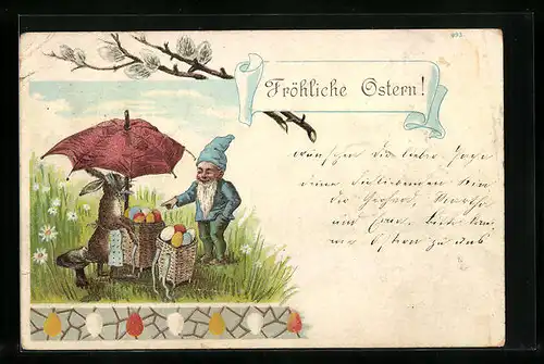 AK Zwerg bei Osterhäsin mit Ostereiern, Ostergruss