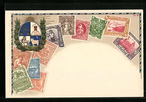 Lithographie Uruguay, Briefmarken und Wappen