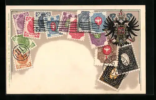 Präge-Lithographie Russland, Briefmarken und Wappen