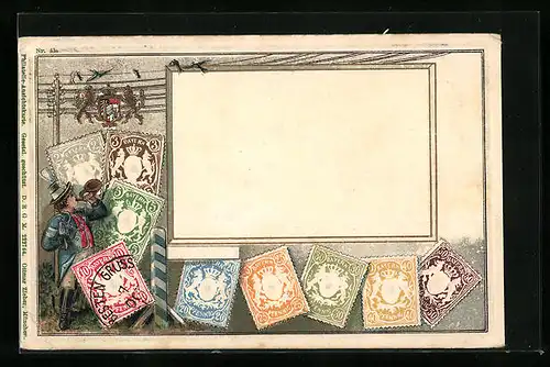 Präge-Künstler-AK Briefmarken aus Bayern, Postbote und Wappen