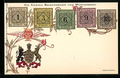Lithographie Württemberg, Die ersten Briefmarken von Württemberg und Wappen