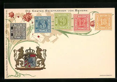 Lithographie Die ersten Briefmarken von Bayern und Wappen