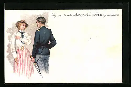 Lithographie Chicago, Armour & Company, Abteilung Armour`s Flesich-Extract, Soldat mit einer Frau