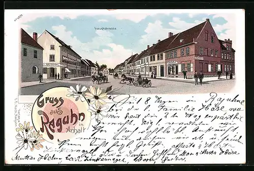 Lithographie Raguhn / Anhalt, Hauptstrasse mit Geschäften, Pferdekustche und Passanten