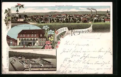 Lithographie Königsbrück, Hotel zm schwarzen Adler, Baracken-Lager, Teilansicht vom Bahnhof