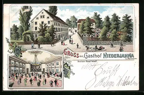 Lithographie Niederjahna b. Meissen, Gasthof von Paul Wolf