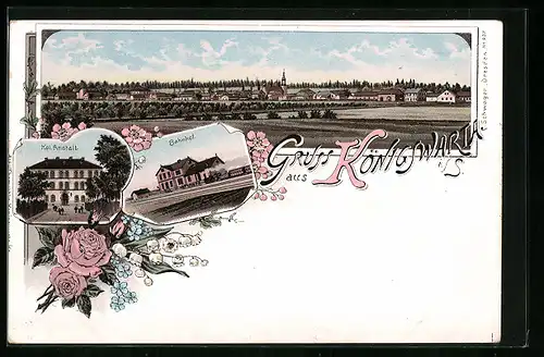 Lithographie Königswartha i. S., Kgl. Anstalt, Bahnhof, Panorama