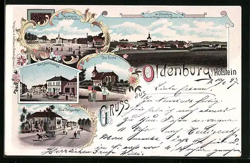 Lithographie Oldenburg /Holstein, Panorama, Marktplatz, Hotel Stadt Hamburg, Dolgenthor