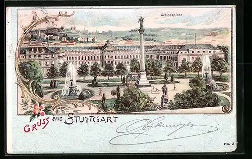 Lithographie Stuttgart, Schlossplatz mit Springbrunnen