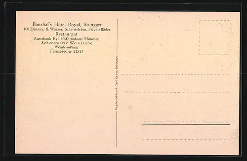 AK Stuttgart, Banzhafs Hotel Royal mit Strassenpartie