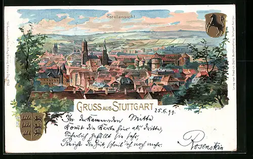 Lithographie Stuttgart, Totalansicht mit Wappen
