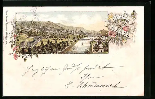 Lithographie Kassel, Teilansicht mit Brücke