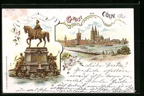 Lithographie Cöln, Ortsansicht mit Dom, Kaiser-Wilhelm-Denkmal