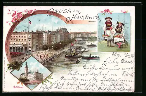 Lithographie Hamburg, Blick auf den alten Jungfernstieg, Rathaus