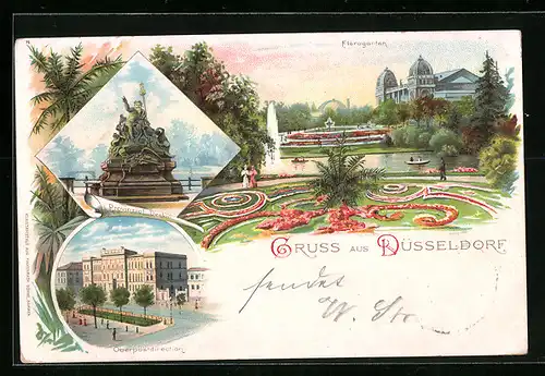 Lithographie Düsseldorf, Oberpostdirektion, Floragarten, Provinzial-Denkmal