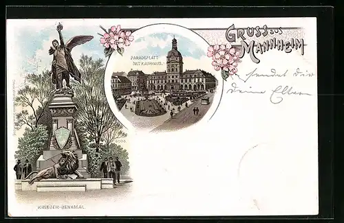 Lithographie Mannheim, Paradeplatz mit Kaufhaus, Krieger-Denkmal