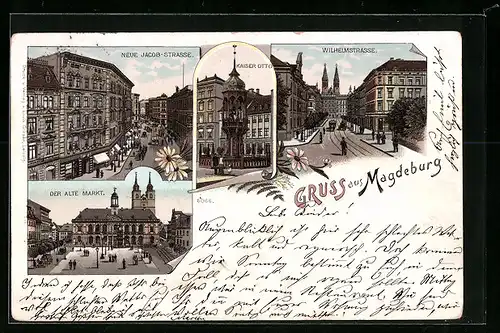 Lithographie Magdeburg, Kaiser Otto, Der alte Markt, Neue Jacob-Strasse