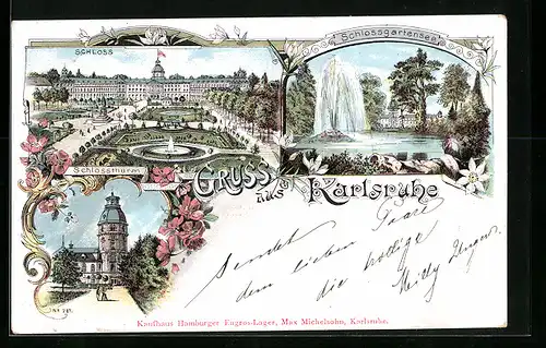 Lithographie Karlsruhe, Schloss, Schlossturm u. Schlossgartensee