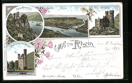 Lithographie Bingen, Ortsansicht, Mäusethurm, Ruine Ehrenfels