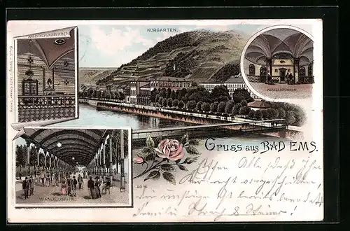 Lithographie Bad Ems, Kraehnchenbrunnen, Kurgarten, Kesselbrunnen, Wandelbahn