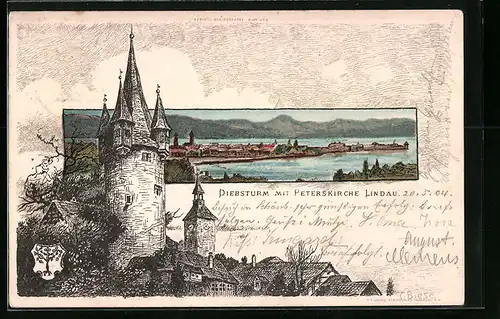 Künstler-AK Lindau, Diebsturm mit Peterskirche, Panorama