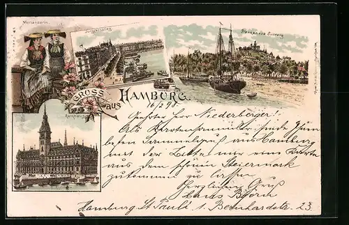 Lithographie Hamburg, Jungfernstieg, Blankenese Süllberg, Rathaus