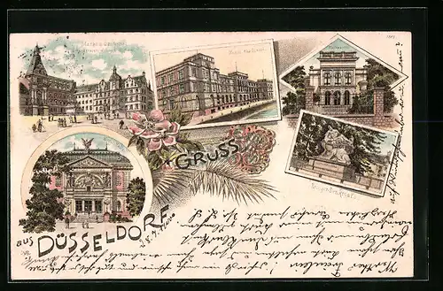 Lithographie Düsseldorf, Malkasten, Krieger-Denkmal, Kunst-Akademie