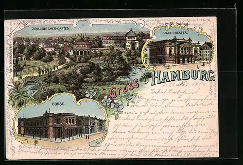 Lithographie Hamburg, Zoologischer Garten, Stadt-Theater, Börse