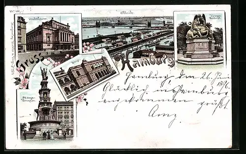 Lithographie Hamburg, Elbbrücke, Stadttheater, Börse, Hansa-Brunnen