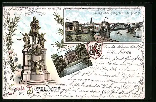 Lithographie Düsseldorf, Teilansicht nach Fertigstellung der stehenden Rheinbrücke, Kaiser Wilhelm Denkmal, Kunsthalle