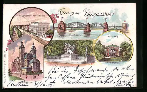 Lithographie Düsseldorf, Rheinbrücke, Hauptpostamt Haroldstrasse, Jesuitenkirche, Kunsthalle