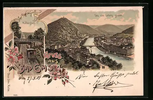 Lithographie Bad Ems, Malbergbahn, Stadtpanorama