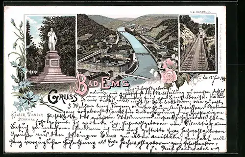 Lithographie Bad Ems, Panorama, Malbergbahn & Kaiser Wilhelm Denkmal