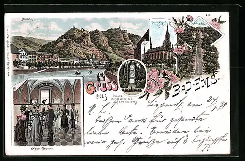 Lithographie Bad Ems, Bäderley, Neue Katholische Kirche, Malberg-Bahn, Kaiser-Brunnen