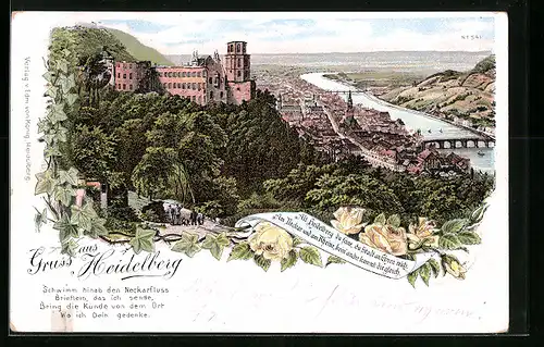 Lithographie Heidelberg, Ortsansicht aus der Vogelschau mit Schloss