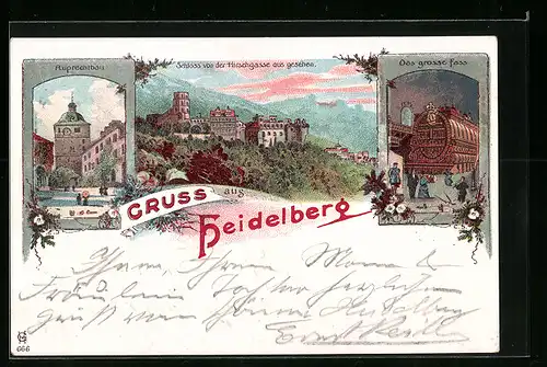 Lithographie Heidelberg, Ruprechtbau, Schloss von der Hirschgasse aus gesehen, Das grosse Fass