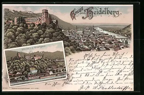 Lithographie Heidelberg, Ortsansicht mit Schloss, Ansicht Schloss v. d. Hirschgasse