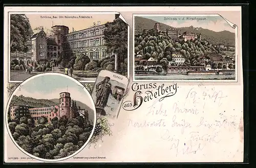 Lithographie Heidelberg, Schloss, Ansicht v. d. Hirschgasse, Perkeo