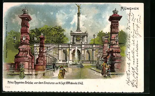 Lithographie München, Prinz Regenten-Brücke vor dem Einsturze 1899
