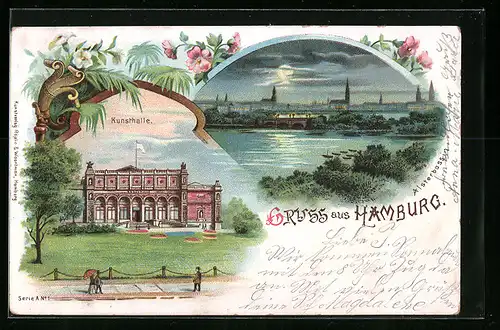 Lithographie Hamburg-St.Georg, Kunsthalle und Alsterbassin bei Nacht