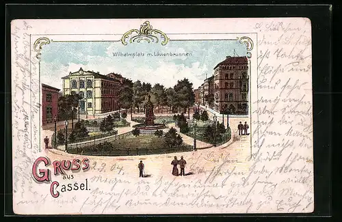 Lithographie Cassel, Wilhelmplatz mit Löwenbrunnen