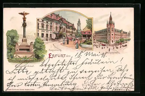 Lithographie Erfurt, Regierung, Kriegerdenkmal, Hauptpost