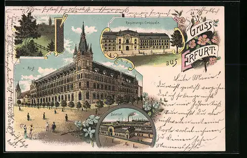 Lithographie Erfurt, Regierungs-Gebäude, Post, Bahnhof