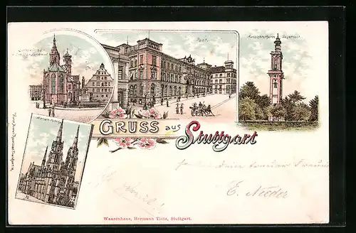Lithographie Stuttgart, Post, Stiftskirche und Schillerdenkmal, Marien-Kirche
